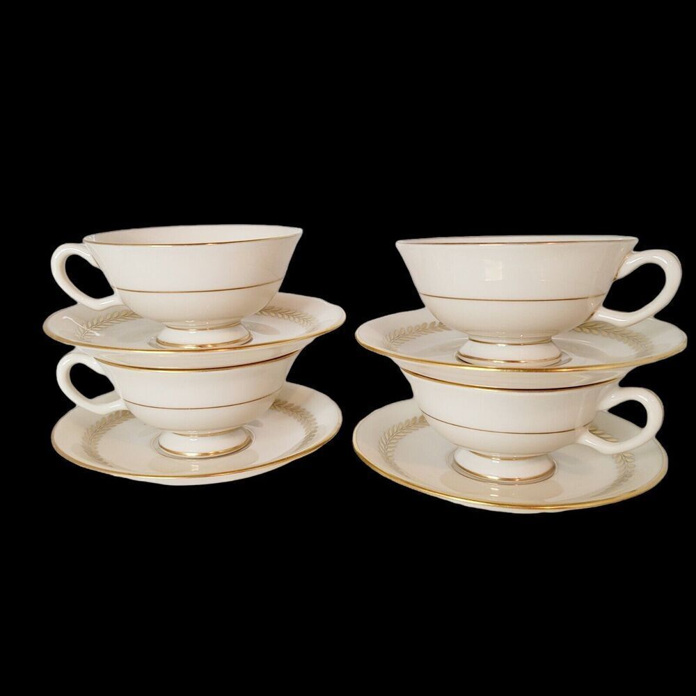 Vtg Set of 4 LENOX Imperial Ivory China Gold Laurel Trim Tea‎ Cup Saucer Green